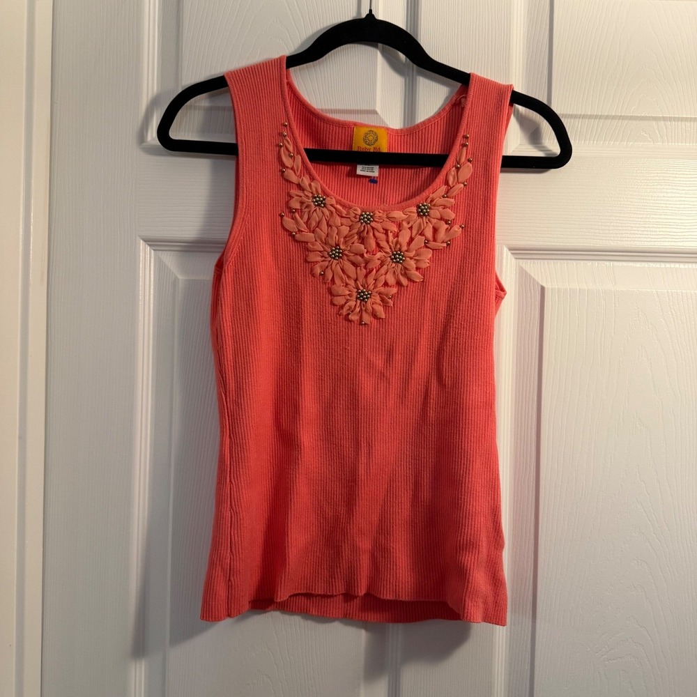 Ruby Rd Tank Top Coral Petite‎ Large Floral Embellished Ribbed Summer Casual